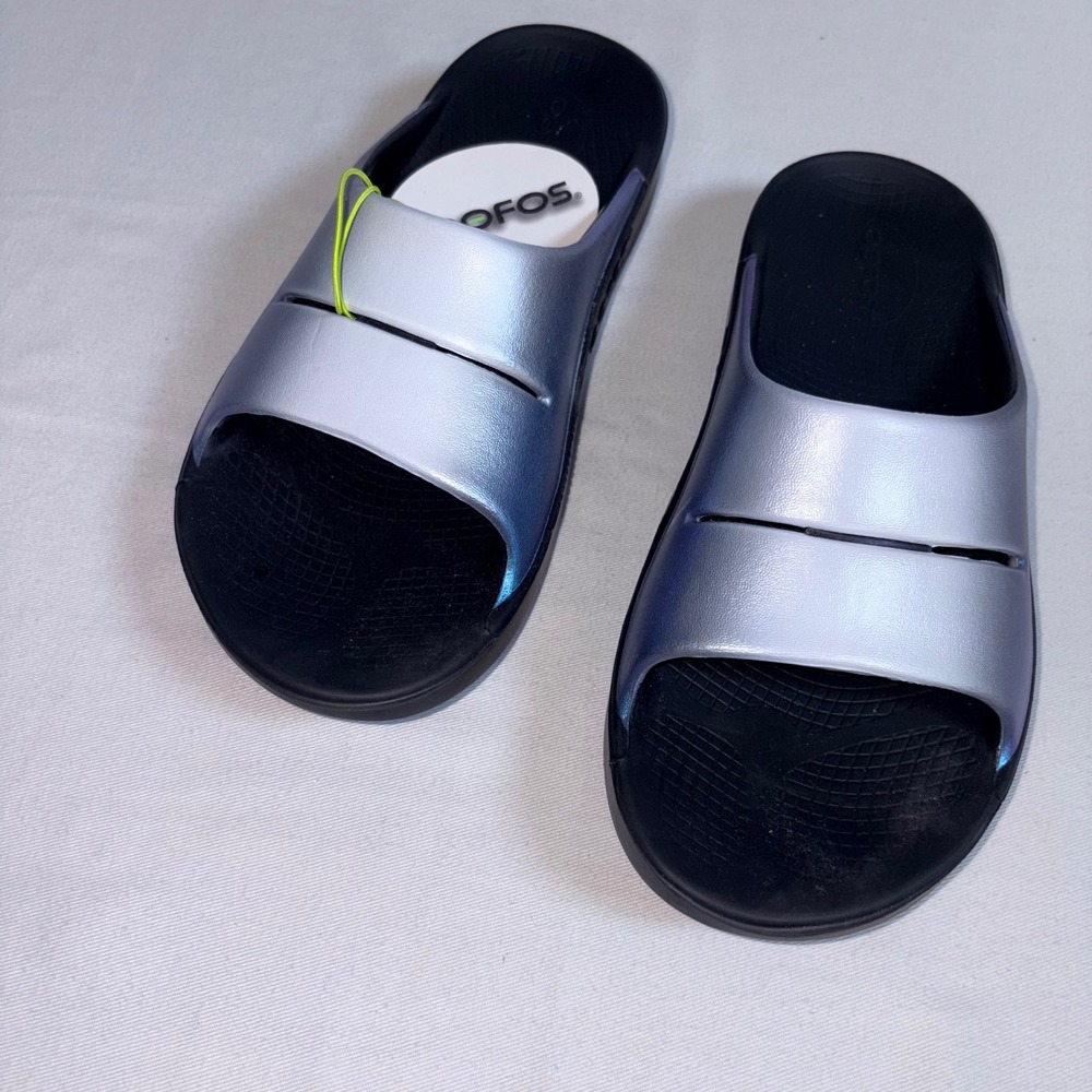 OOFOS OOlala Slide 8 Blue Silver NEW Ombre Metallic Recovery Sandal